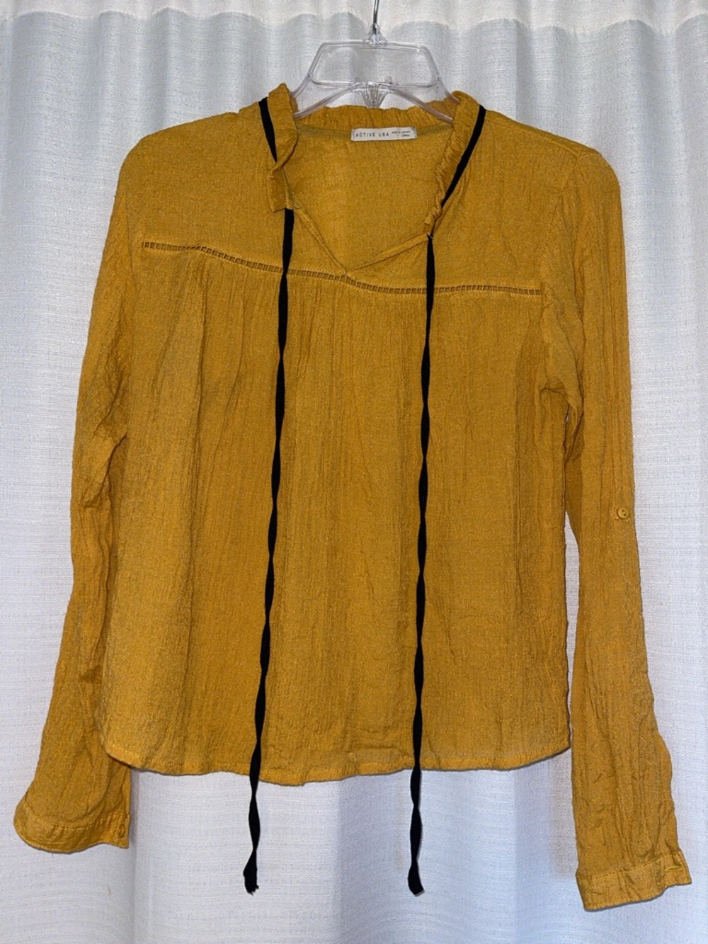 Mustard Crinkle Tie-Neck Blouse with Black Ties